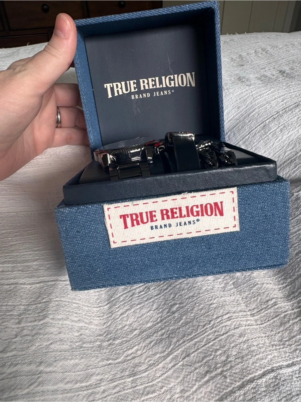 True Religion Black and Red Men’s Watch and Bracelet Set